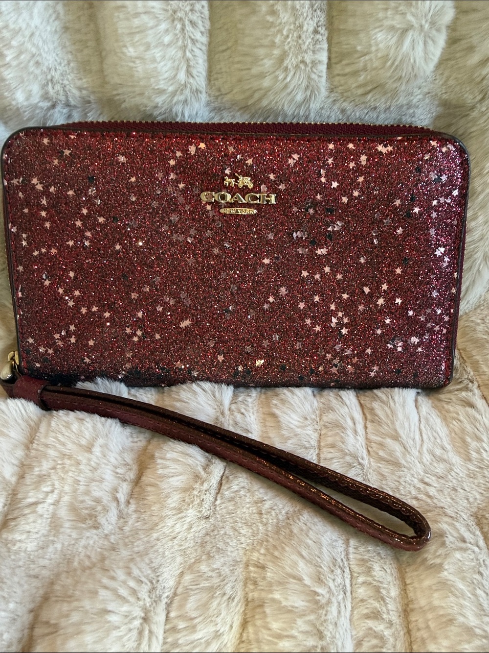 COACH Burgundy Star Glitter Phone Wallet with Gold Hardware